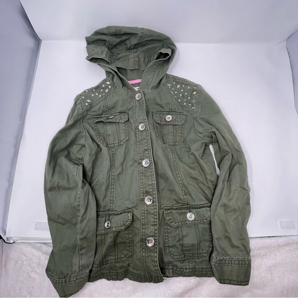 Justice Girls Size 10 Bundle Lot 3pc Army Green Jacket Plaid‎ Button Down Shirts